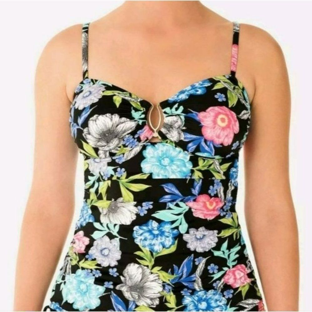 Swim Solutions Womens Soft Blooms Keyhole‎ Floral Tankini Top Size10-12 NEW